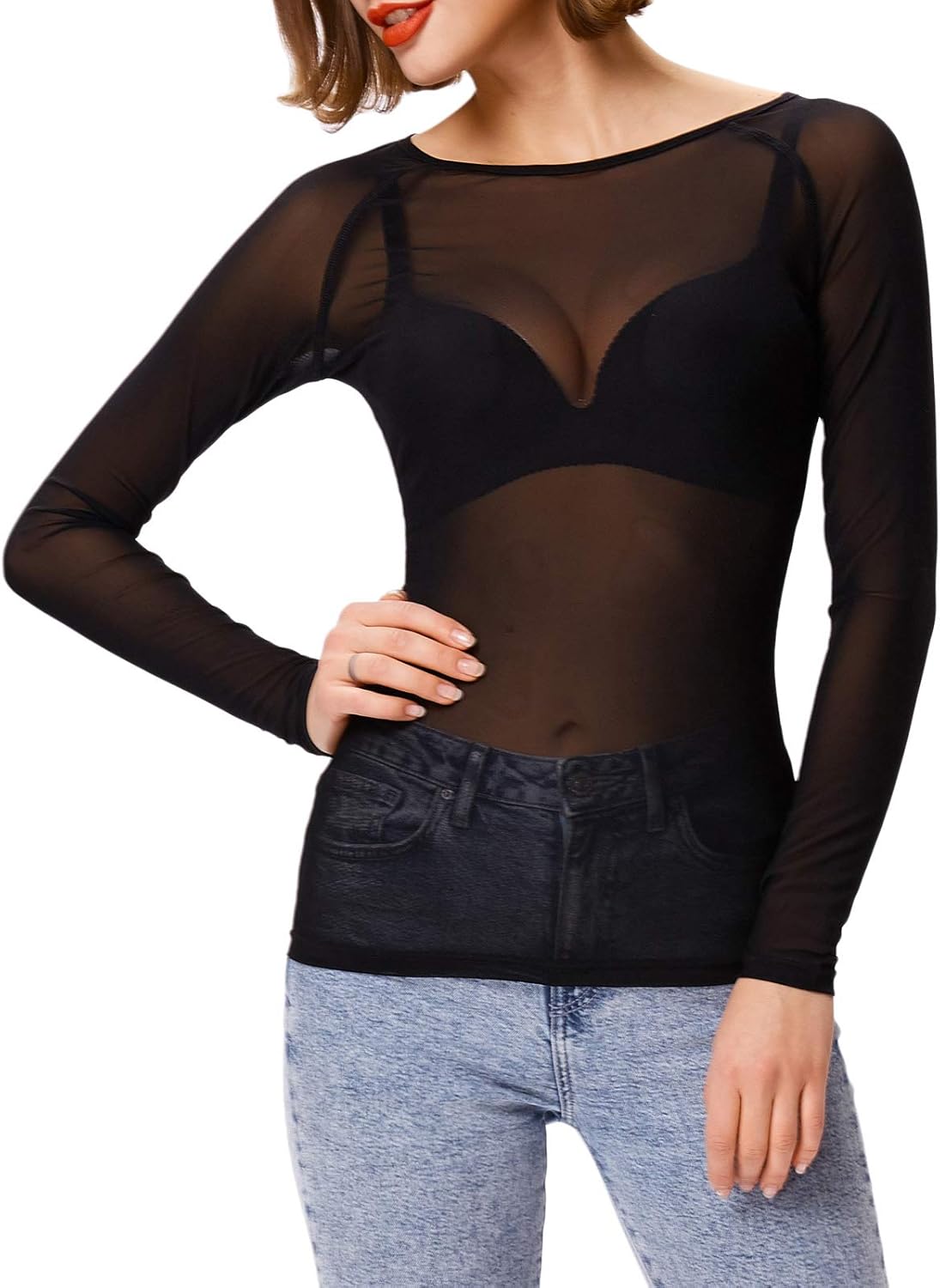 GRACE KARIN Women's Long Sleeve See Through Mesh Sheer Top Blouse Shirt at  Women’s Clothing store