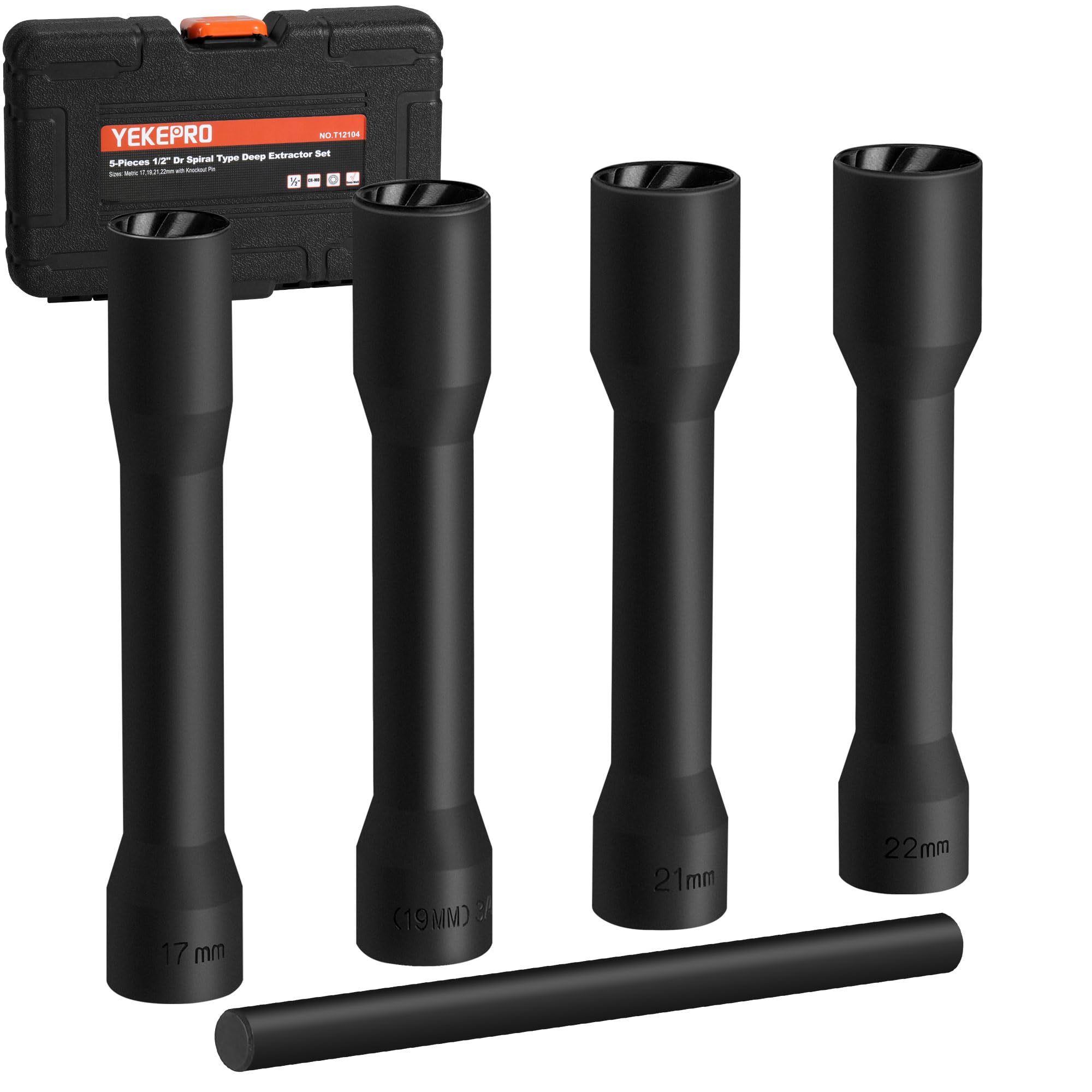 Photo 1 of YEKEPRO 5 Pieces 1/2 Inch Drive Spiral Type Deep Extractor Set, Bad Lug Nut Remover, Cr-Mo Steel, Metric, Heavy Duty Storage Case