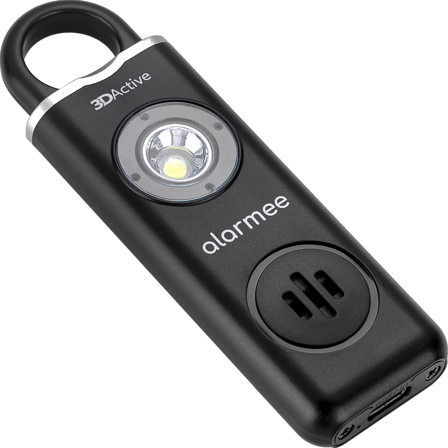 3DActive Alarmee Rechargeable Personal Safety Alarm for Women, Teens & Elderly, Pocket Size 130dB Loud Siren with LED Light - Black
