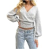 Milumia Women's V Neck Wrap Sweater Long Lantern Sleeve Cinched Waist Crop Tops Fall Knitwear