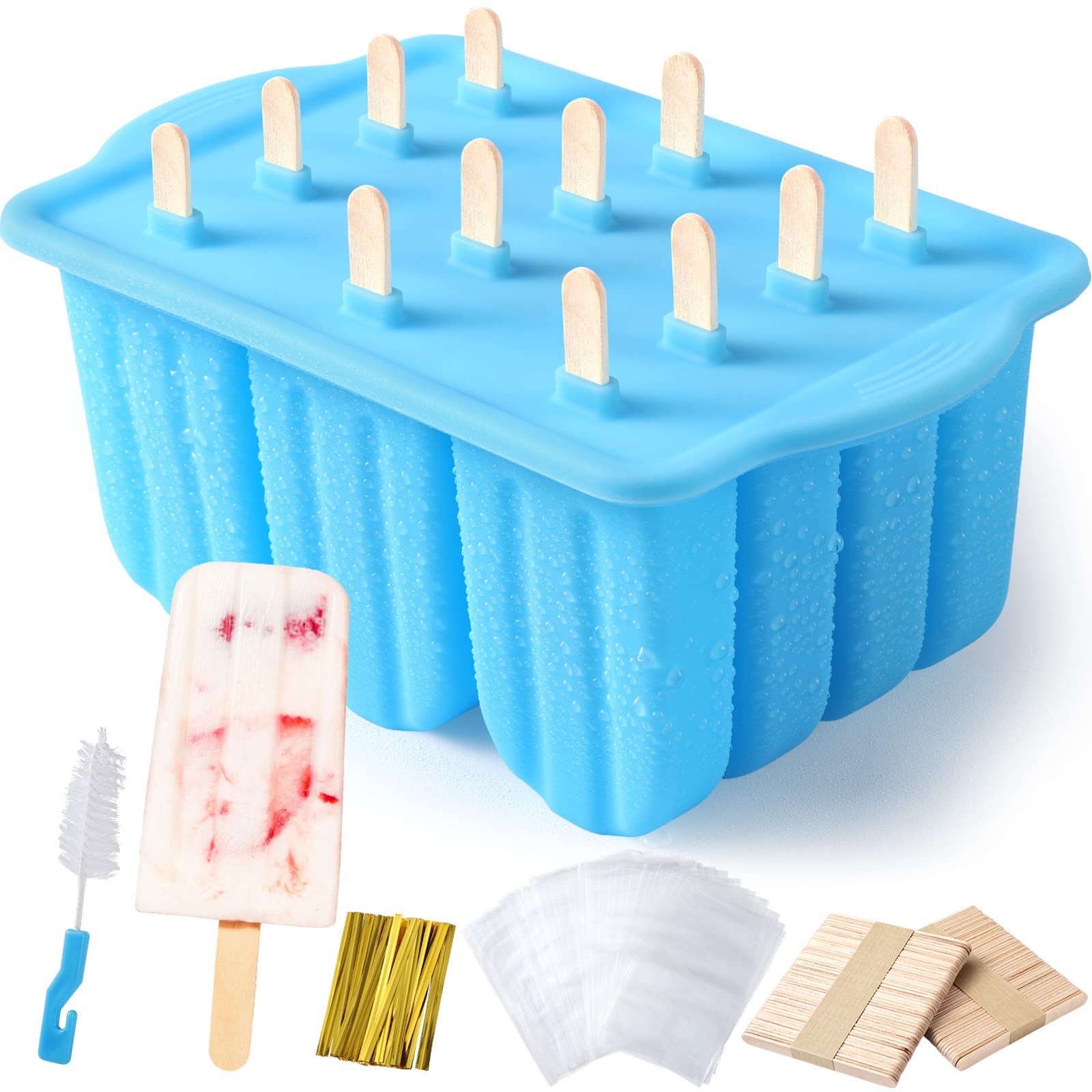 Sinnsally Ice Lolly Moulds,12 Pieces Silicone Ice Lolly Tray & Ice Cream Moulds,Large Popsicle Mold Set,Reusable Ice Pop Moulds BPA Free Ice Maker with Wooden 100PCS Popsicle Sticks,50 Popsicle Bags