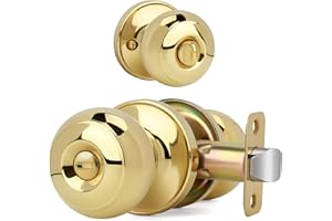 LOQRON Flat Ball Door Knob with Lock, Keyless Privacy Round Design Doorknob for Bathrooms/Bedrooms, Polished Brass Finish