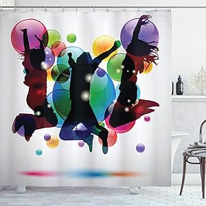 Ambesonne Youth Shower Curtain, Happy People Teenagers Jumping and Bubbles in Vibrant Colors Partying with Friends, Cloth Fabric Bathroom Decor Set with Hooks, 70