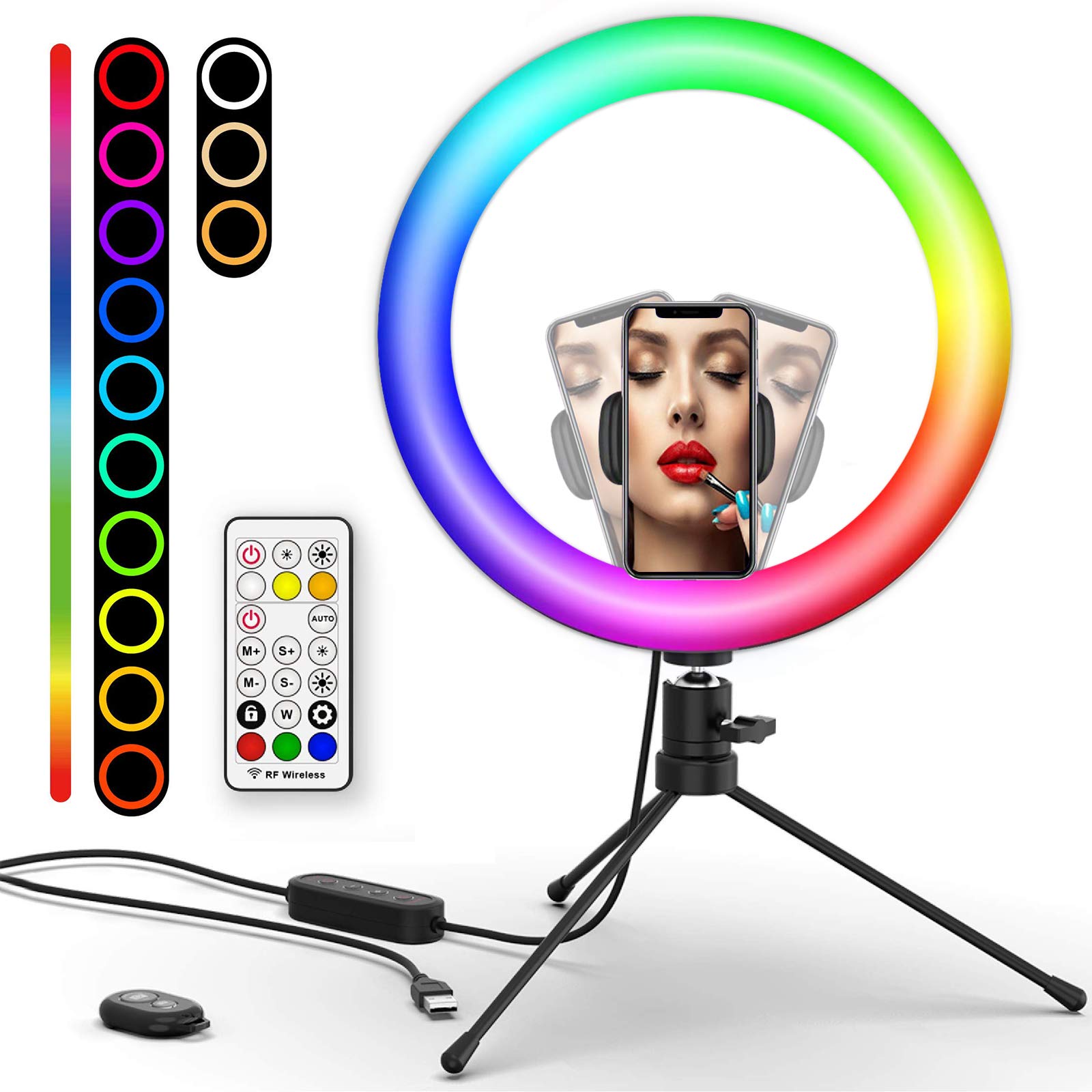10.2" RGB Ring Light with Tripod Stand & Phone Holder,Selfie LED Ring Lights with 29 RGB Colors Mode 9 Brightness, Dimmable Desktop Circle Light with Remote for Streaming Makeup YouTube Video Tiktok