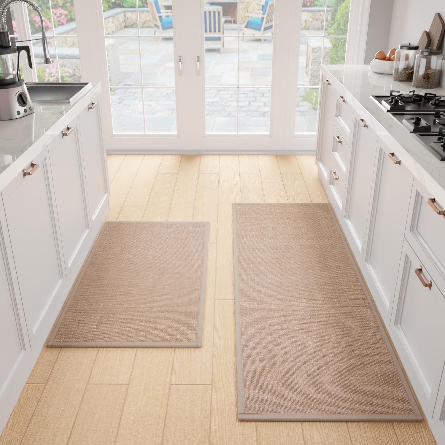 Photo 1 of SUMLANS Kitchen Mat Set of 2 PCS, Cushioned Non Slip Rugs for Kitchen Floor, Absorbent Runner Comfort Standing Mats Washable for Kitchen, Office, Home (Camel, 17.3"x47"+17.3"x30")