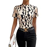 SweatyRocks Women's Ruched Mock Neck T Shirt Short Sleeve Fitted Summer Basic Tops