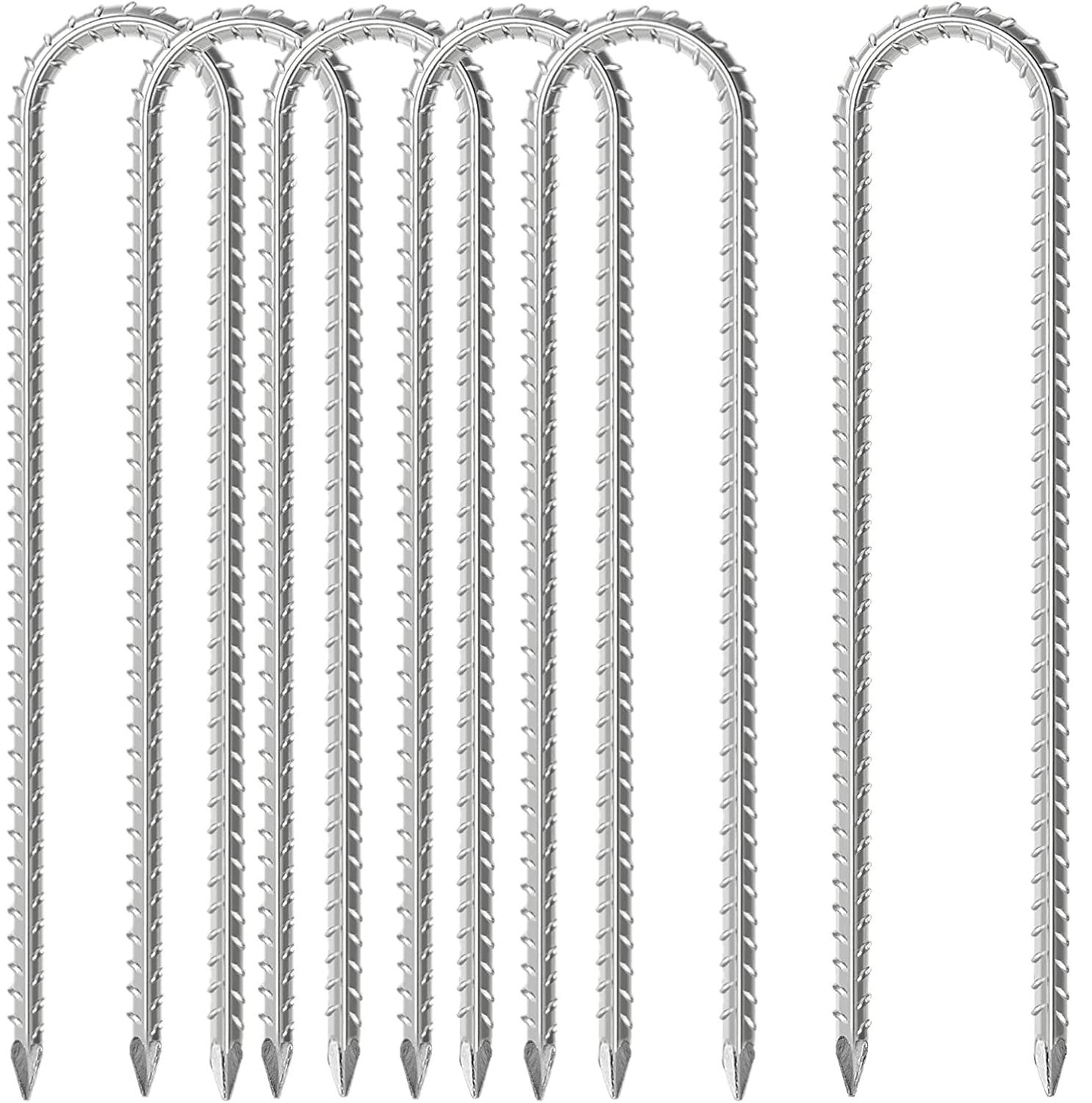 KAHEIGN 6Pcs Trampoline Pegs, 30CM Galvanized Ground Stakes Heavy Duty Anchors U Shaped Rebar Stakes with Friction Grip Ribbing for Camping Tents Canopies Sheds Ports Swing (Silver)