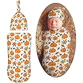 Muishi Fall Pumpkins Newborn Swaddle Blankets Hat Sets Soft Baby Receiving Blanket Swaddle Sack for Baby Shower Infant Boy Girl Gift