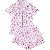 FUVYKOL Women's 2 Piece Bow Print Pajama Sets Sleepwear Short Sleeve Button Down Shirt and Shorts Nightwear Pjs Lounge Sets