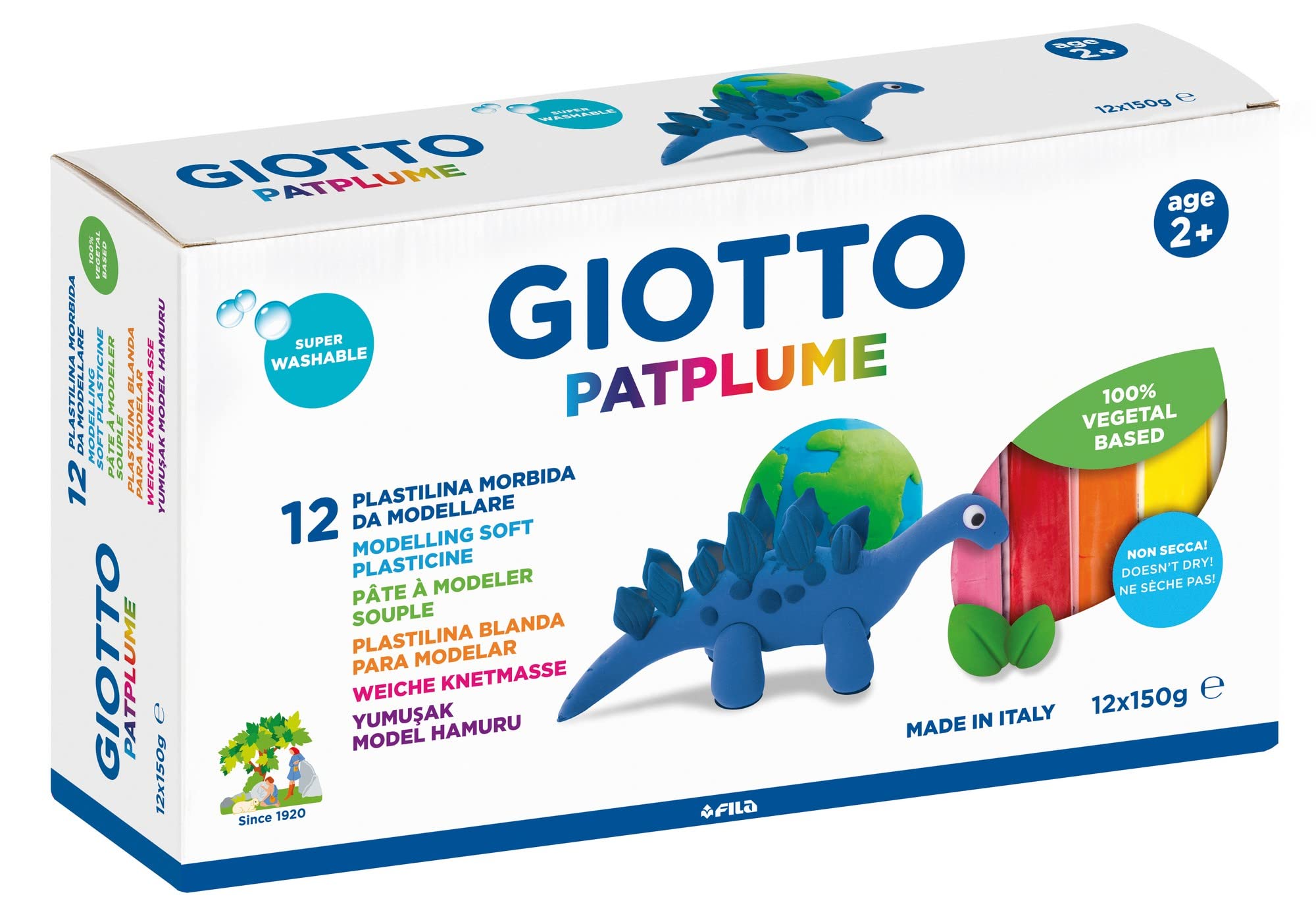 GIOTTO Patplume Soft Modelling Clay, 12 Assorted Colours, 150g Pack, Vegetable Based Formula, Super Washable, For Children, Parties and Schools