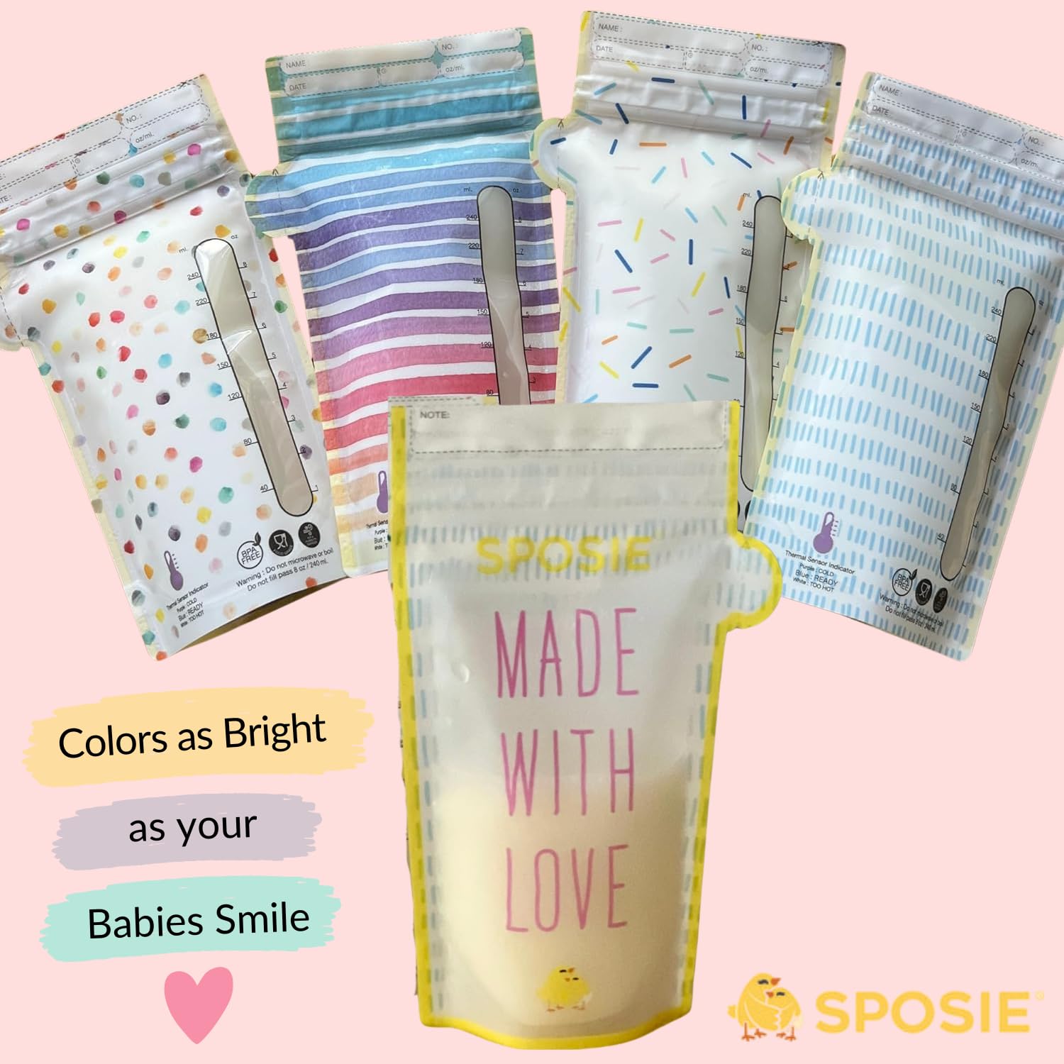 SPOSIE SimpleFeed Breast Milk Storage Bags | Feeding Made Easier | 8oz, 100 Count | Easy Pour, Temperature Sensor, Freezer Safe, Leak-Proof, BPA-Free