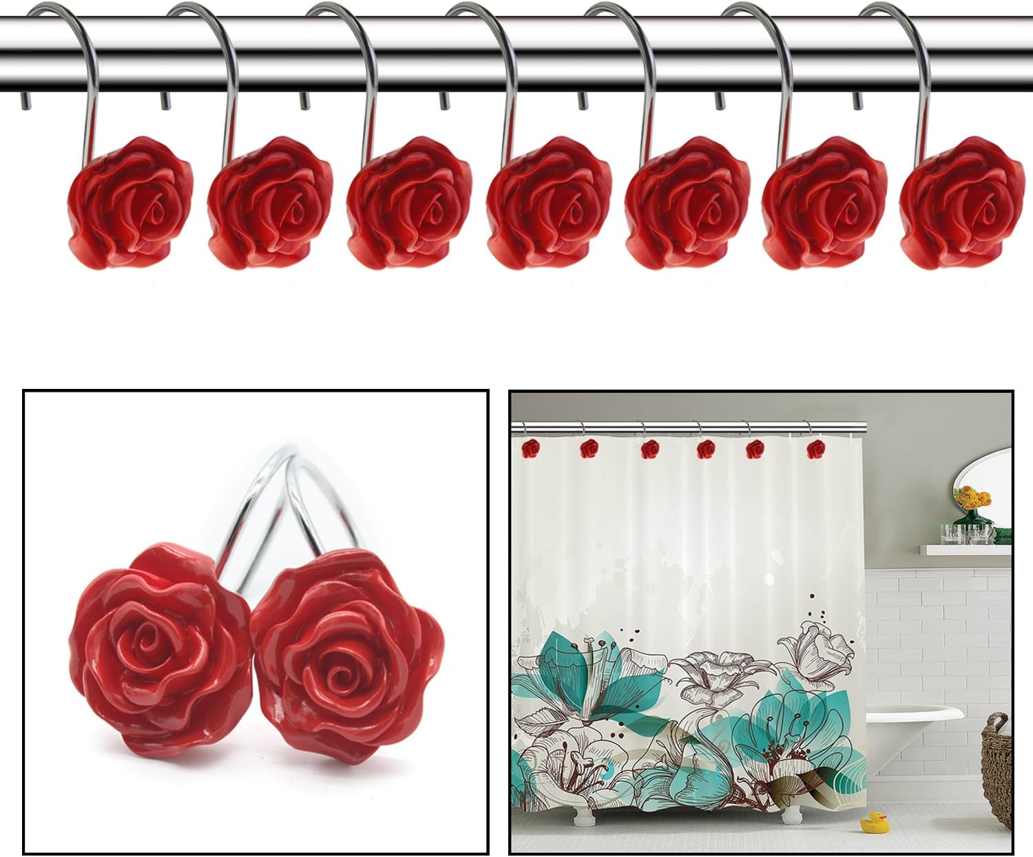 FINROS 12 PCS Home Fashion Decorative Anti Rust Shower Curtain Hooks Rose Design Shower Curtain Rings Hooks (RED): Home & Kitchen
