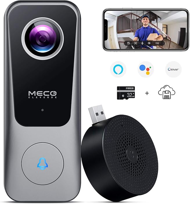 WiFi Video Doorbell Camera, MECO Doorbell Camera with Chime, 2K Ultra HD, 2-Way Audio, 32GB SD Card, Work with Alexa & Google Assistant, Easy Installation Existing Doorbell Wiring or Provided Adapter