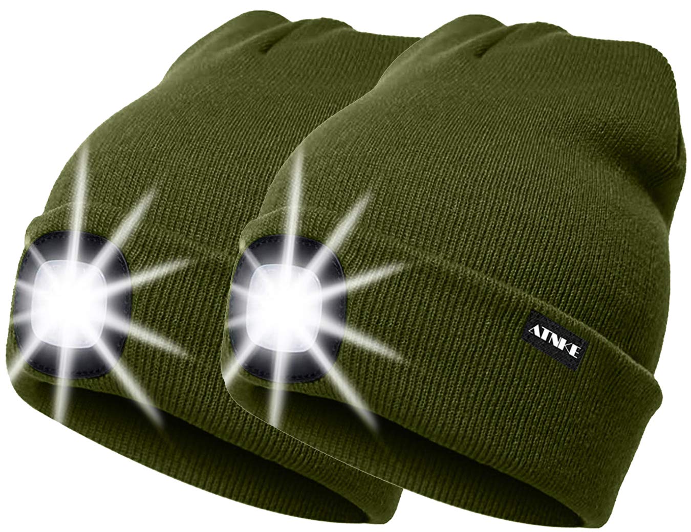 ATNKE 2Pcs New Warm LED Lighted Beanie Cap Unisex USB Rechargeable Running Hat Ultra Bright 4 LED Waterproof Light Lamp Multi-Color (Army Green, 2PCS)