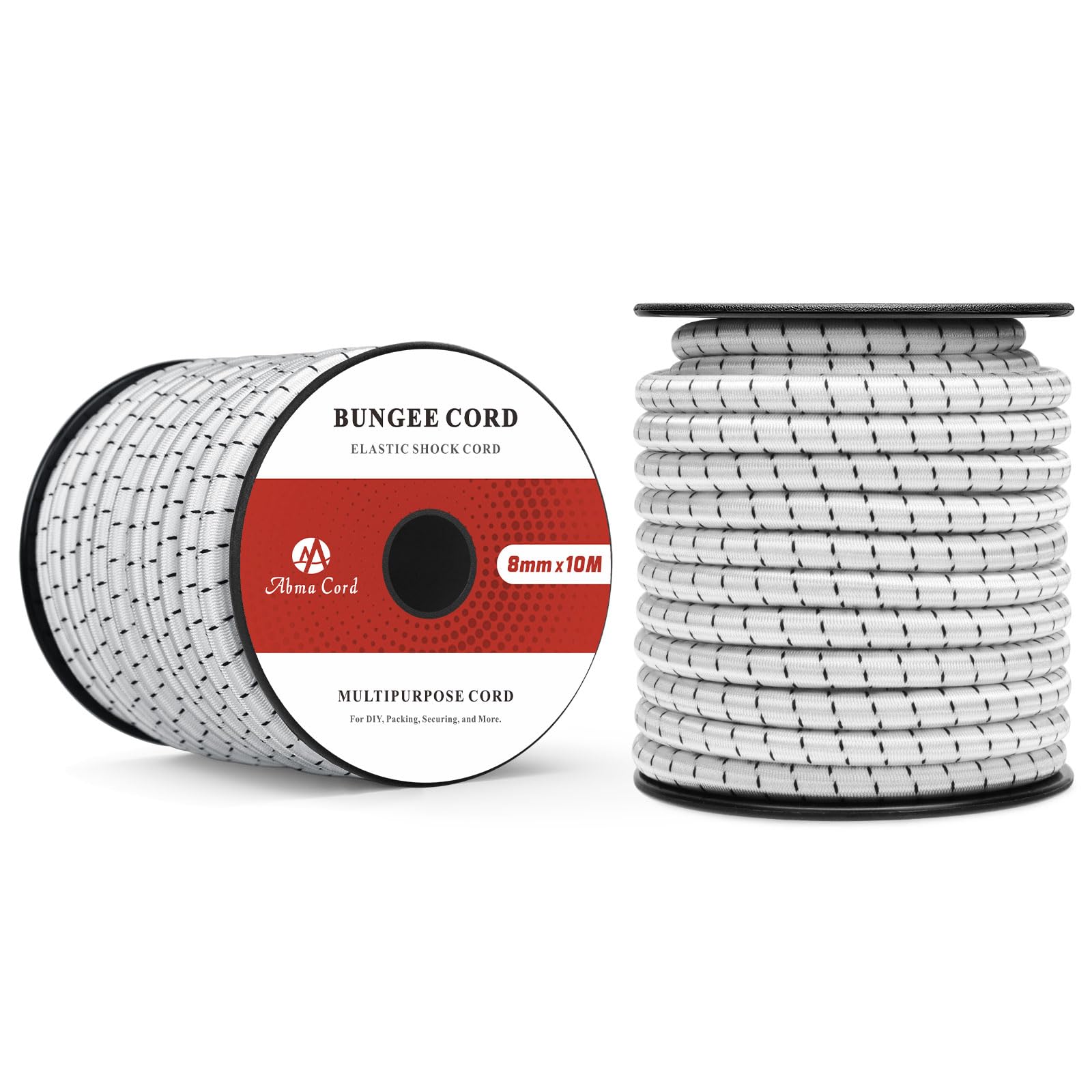 Abma Cord Bungee Cord 8mm 10M Elastic Shock Cord 100% Stretch Elastic Bungee Rope for Tarpaulin, Trailer, Backpack, Tent Pole, Kayak - White&Black