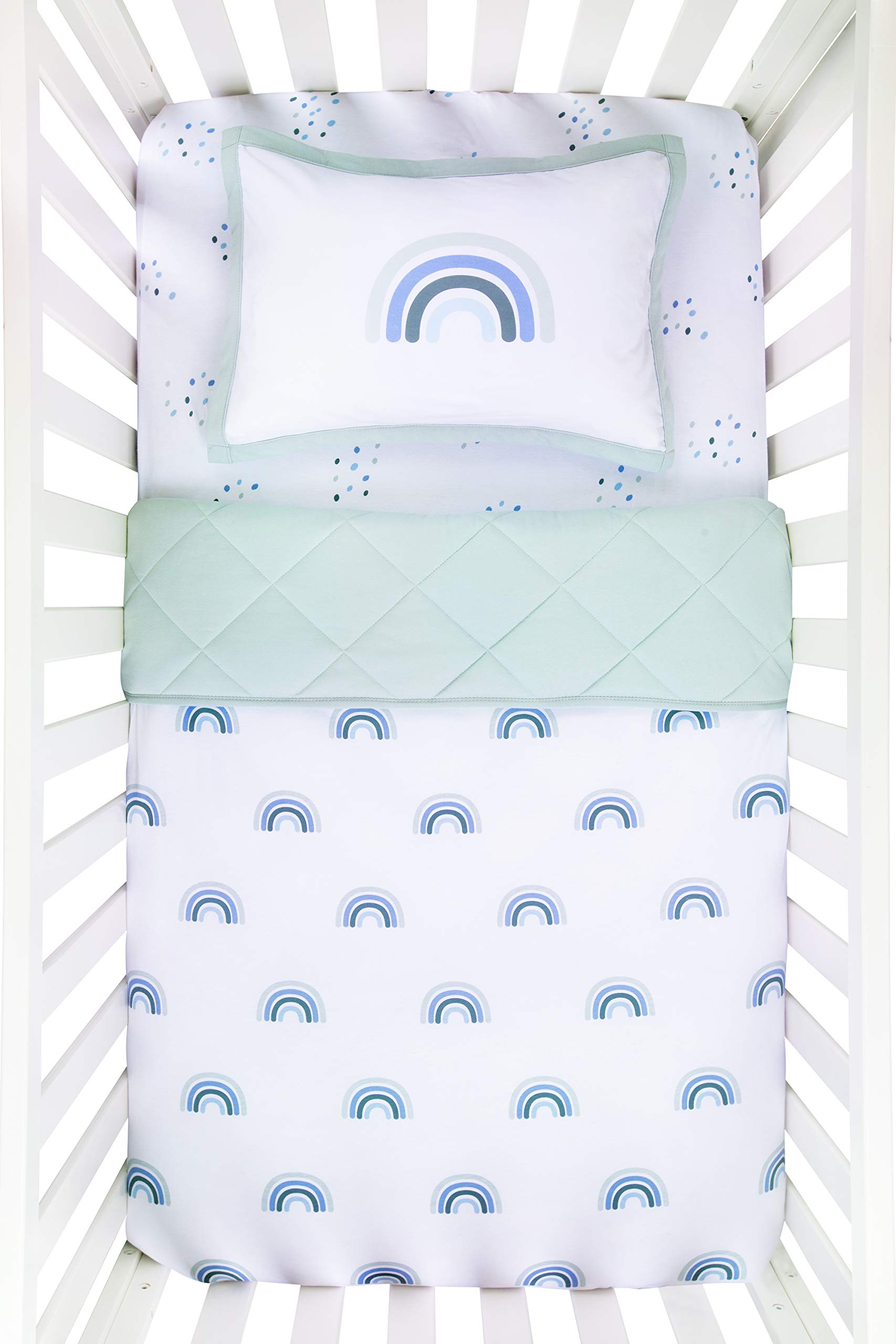Ely's & Co. Baby Crib Bedding Sets for Boys and Girls — 4 Piece Set Includes Crib Sheet, Quilted Blanket, Crib Skirt, and Decorative Toddler (Blue Rainbow, 4 Piece)