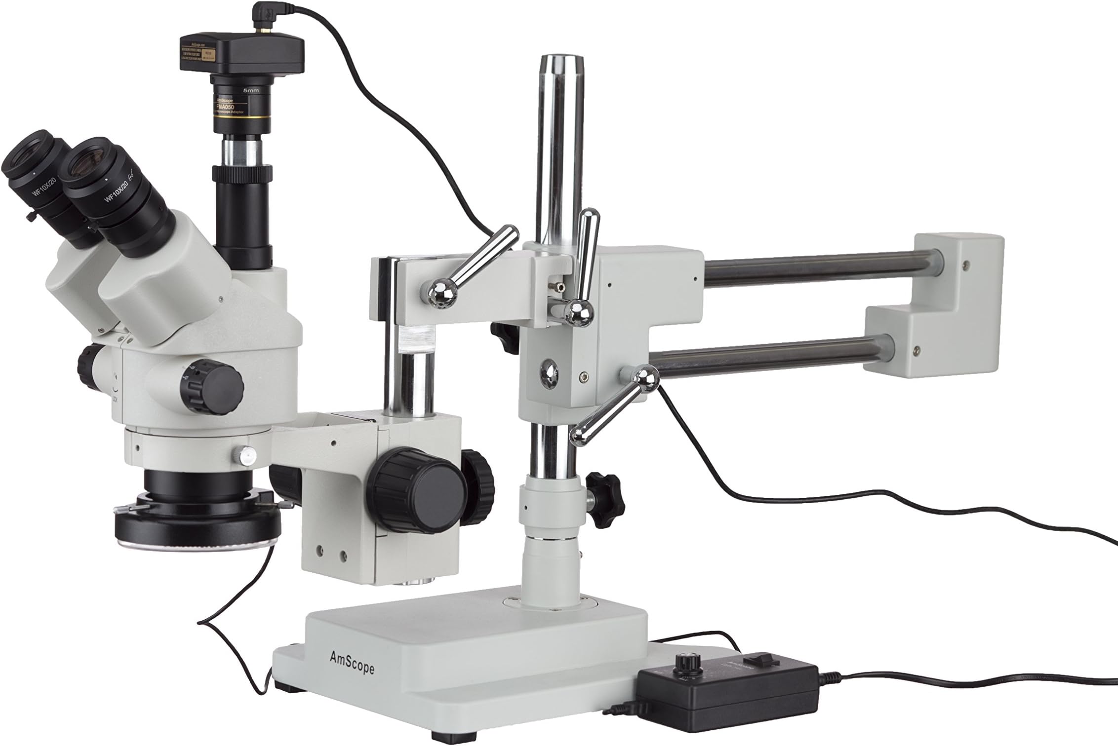 AmScope3.5X-90X Simul-Focal Stereo Zoom Microscope on Boom Stand with an LED Light and 10MP Camera