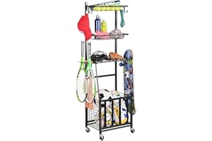 PLKOW Sports Equipment Organizer, Garage Storage Rack With Hooks and Baskets for Basketball, Football, Soccer (Black)
