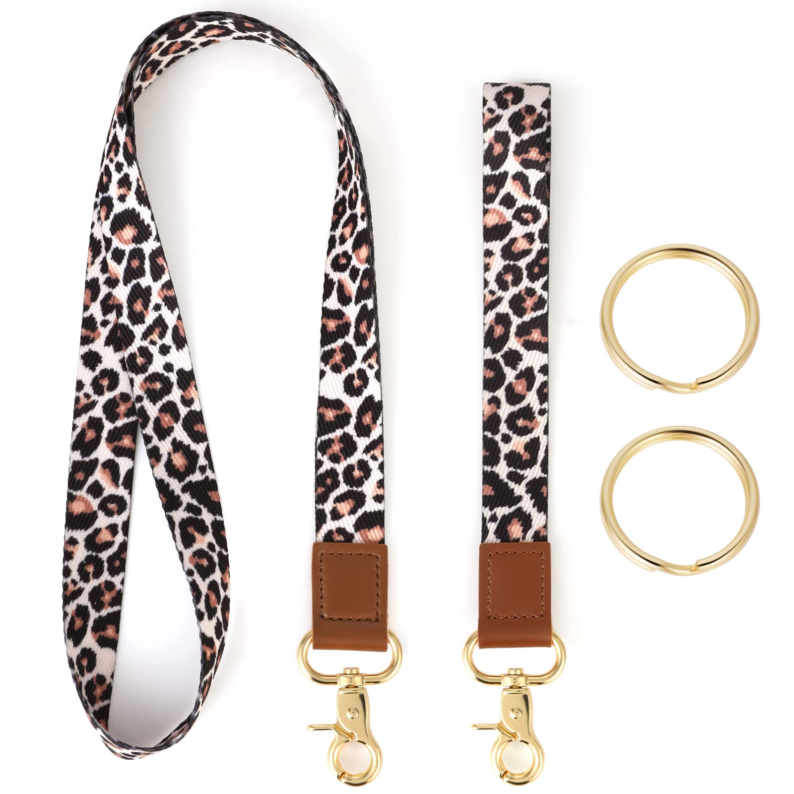 2-Piece Leopard Breakaway Lanyard with Wristlet Keychain Holder and 2 Keyrings for Car Keys, ID Badges, Cards, Wallet, Office Name Badge