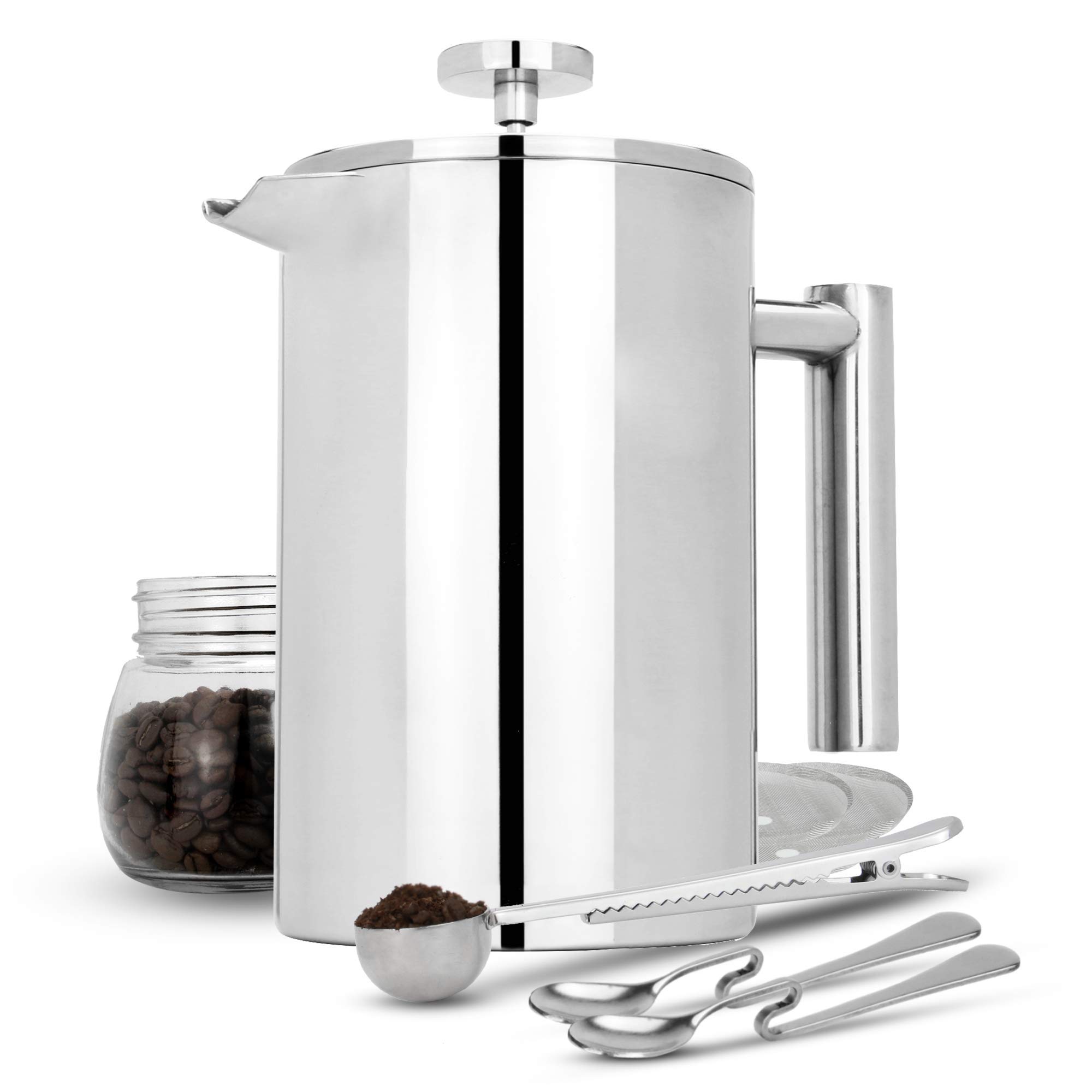 French Press Cafetiere | 1500ml Stainless Steel Coffee Press | Filters/Measuring Spoons/Bag Clip | Double Walled Insulation | 7pc Coffee Gift Set | M&W