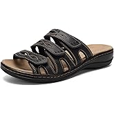 CIOR Women's Classic Leather Sandals, Black, Flat, Open Toe, Arch Support, Adjustable Strap, Casual, Water Resistant, Perfect for Beach, Street, Shopping, Dating, Vacation, Pool, Party
