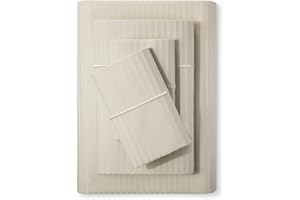 FEATHER & STITCH NEW YORK Feather & Stitch 500 TC Queen Size Damask Bed Sheet Set, 100% Cotton Soft Breathable Bedsheets, 4 Piece 18" Deep Pockets Sateen Weave Striped Bedding Mattress Resort Hotel Luxury- (Beige, Queen)