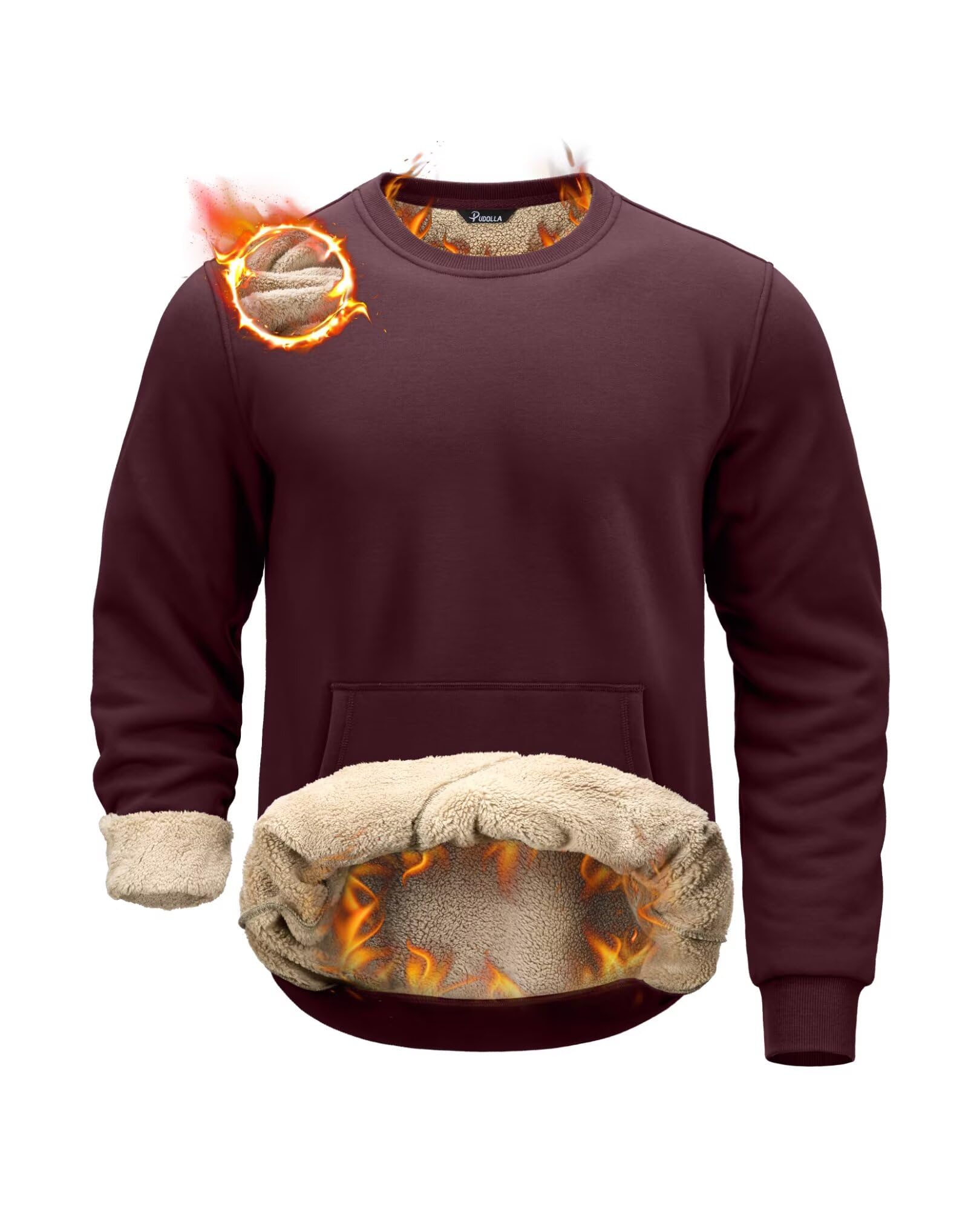 Pudolla Mens Sherpa Lined Sweatshirt Crewneck Sweatshirts Men Fleece Pullover Sweatshirt Soft Underwear(wine M)