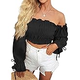 LYANER Women's Off The Shoulder Ruffle Trim Drawsting Puff Long Sleeve Tube Crop Blouse Shirt Top