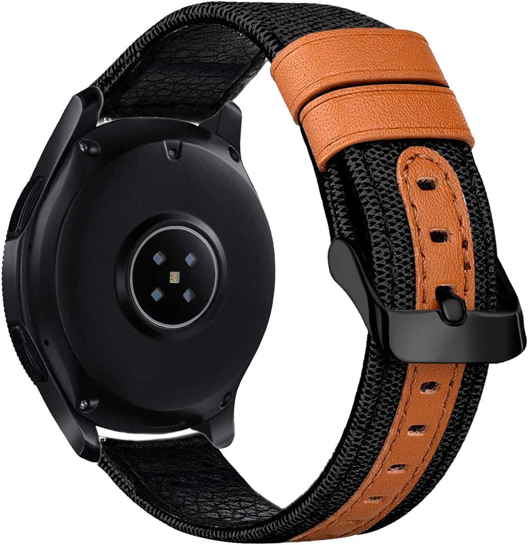 iBazal 22mm Genuine Leather Canvas Fabric Cloth Weave Band Compatible with Samsung Galaxy Watch 3 45mm Galaxy Watch 46mm Gear S3 Frontier Classic Band Replacement Strap Men Women-Black