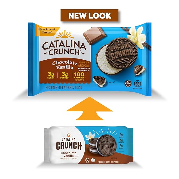 CATALINA CRUNCH PROTEIN COOKIES, 4G PROTEIN PER SERVING – LOW-SUGAR SANDWICH COOKIES – GLUTEN FREE, VEGAN – KETO DESSERT SNACKS – CHOCOLATE VANILLA, 8.9 OZ. (21 COUNT)