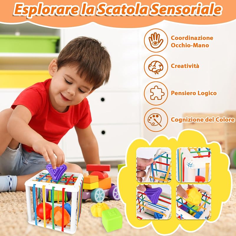 6 in 1 Giocattolo Montessori per Bambini, Giocattolo per Bambini da 6 a 12 Mesi, Blocchi Impilabili, Scatolina per i Fazzoletti, Giocattolo Montessori per Bambini da 1, 2, 3 Anni, Regalo per