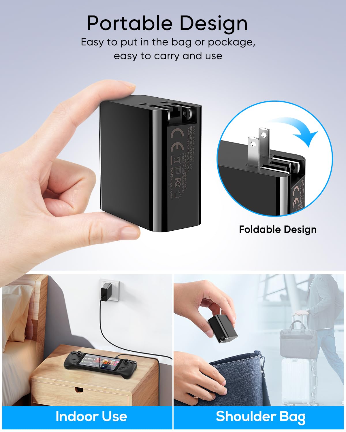 65W Fast Charger for Steam Deck, Nintendo Switch 2 & ROG Ally - PD3.0 Foldable AC Adapter with 6.6FT USB C Cable, Switch 2 Charger Support TV Dock, PS Console [Original Steam Deck Charger Replacement]