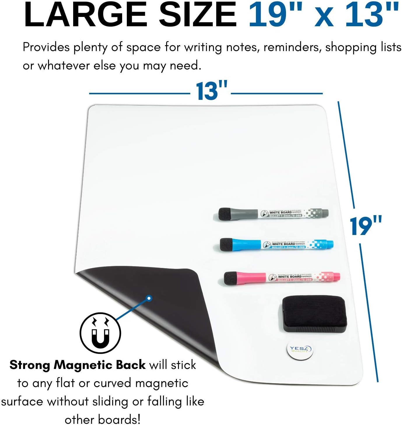 Magnetic Dry Erase Whiteboard Sheet for Fridge 19x13 in - with Stain Resistant Technology - Includes 3 Fine Tip Markers & Big Eraser with Magnets - Refrigerator White Board Planner & Organizer : Office Products