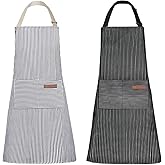 Tosewever 2 Pieces Kitchen Cooking Aprons, Cotton Polyester Blend Adjustable Bib Aprons with 2 Pockets for Women Men Chef Chef (Navy/Black Stripes, 2)