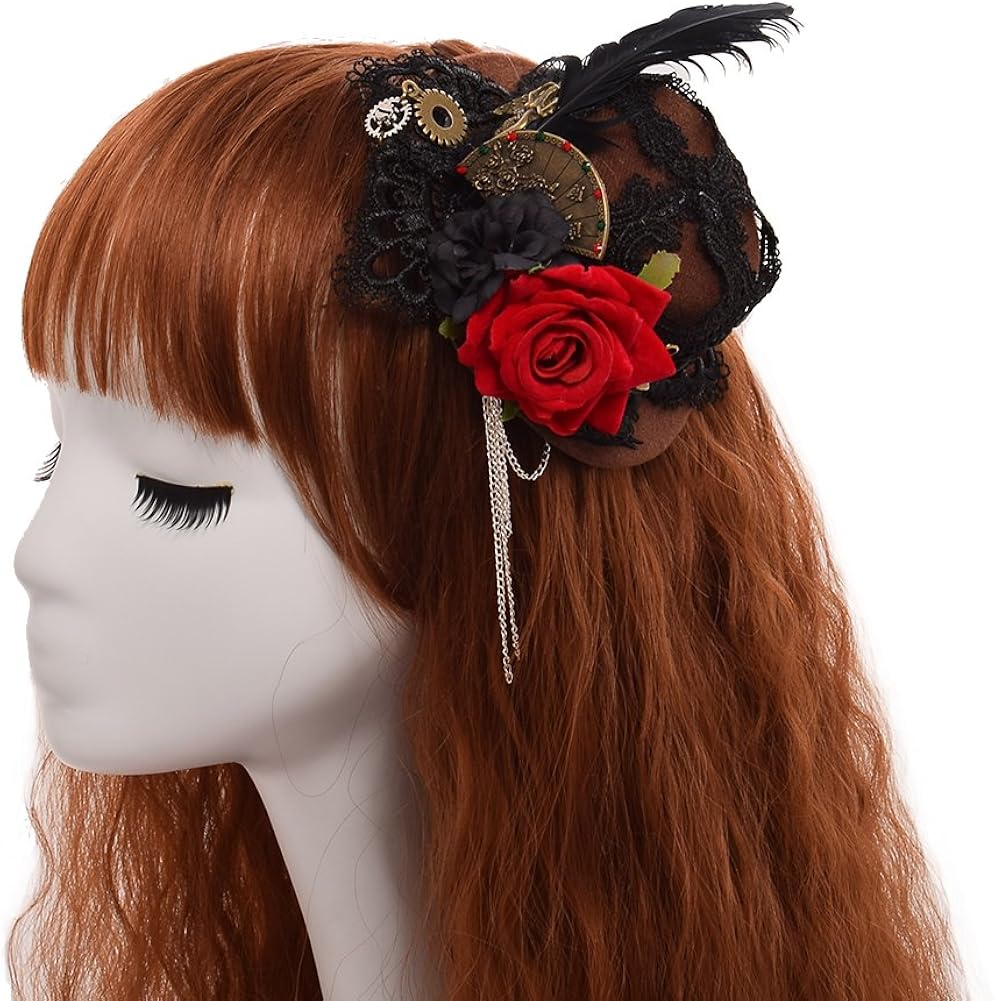 BLEBLESSUME Victorian Steampunk Women Mini Top Hat Hair Clip (D), 5 1/2 - Image 5