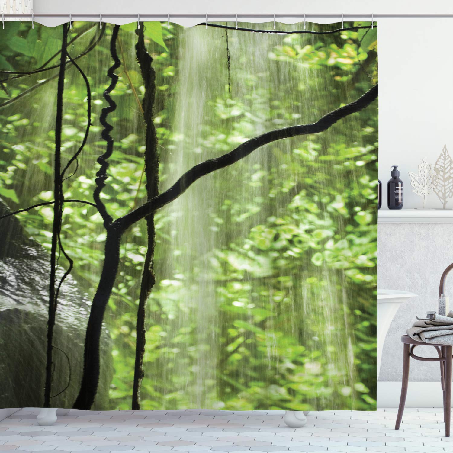 ABAKUHAUS Rainforest Shower Curtain, Jungle View with Waterfall Rocks and Trees Natural Beauty in Wild Atmosphere, Cloth Fabric Bathroom Decor Set with Hooks, 78 Inches, Green Brown