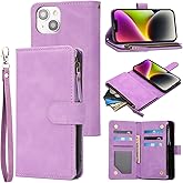 RANYOK Wallet Case for iPhone 14 (6.1 inch) with RFID Blocking Credit Card Holder, Premium PU Leather Zipper Pocket Flip Folio Case Wallet with Wrist Strap Kickstand Protective Case, Purple