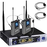 Hotec UHF Dual Wireless Microphone System with Lapel Lavalier and Headset Microphones Over PA, Mixer, Speaker, Karaoke Machin