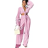 Casual Sexy 2 Piece Outfit for Women Dressy Linen Long Sleeve V Neck Top Y2K Flare Pleated Wide Leg Pants Sets Beach Vacation