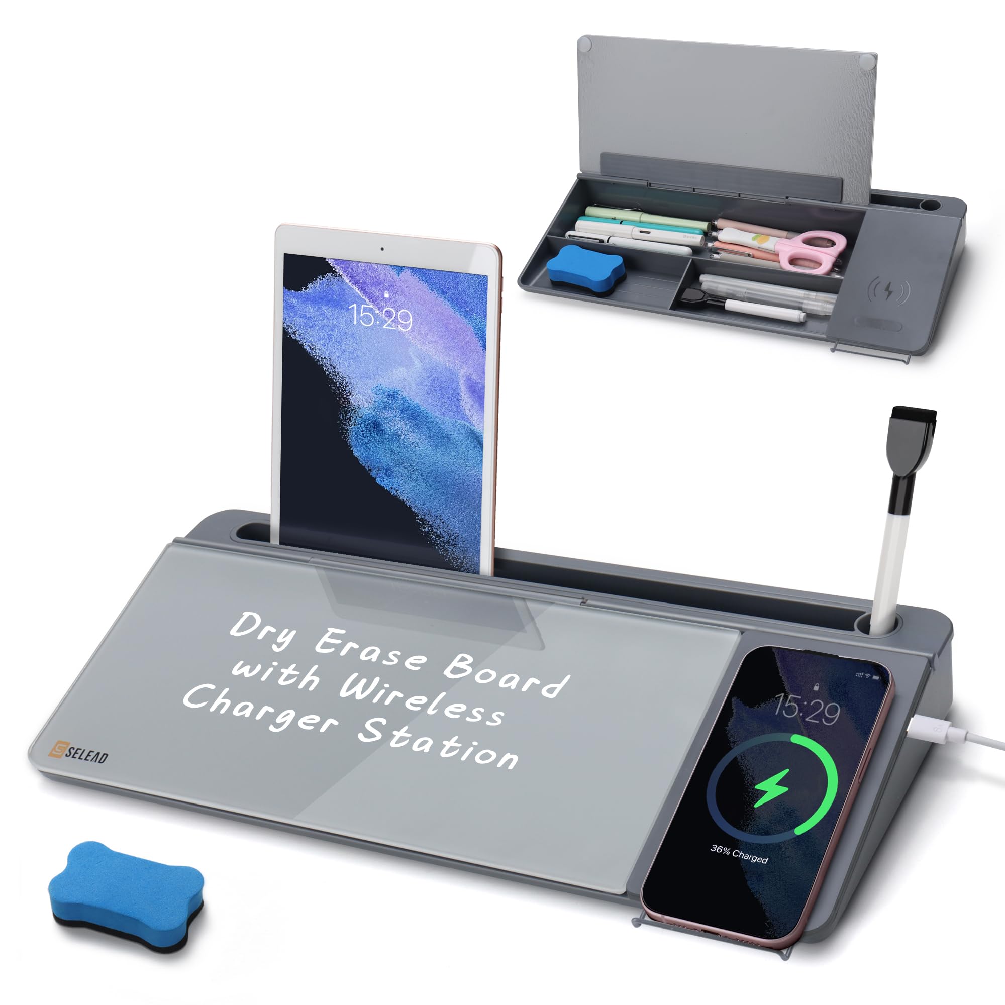 Photo 1 of SELEAD Desktop Glass Whiteboard with Wireless Charger Station, Dry Erase White Board Computer Pad Keyboard Stand with Organizer for Home, School, Office Desk Accessories, Gray