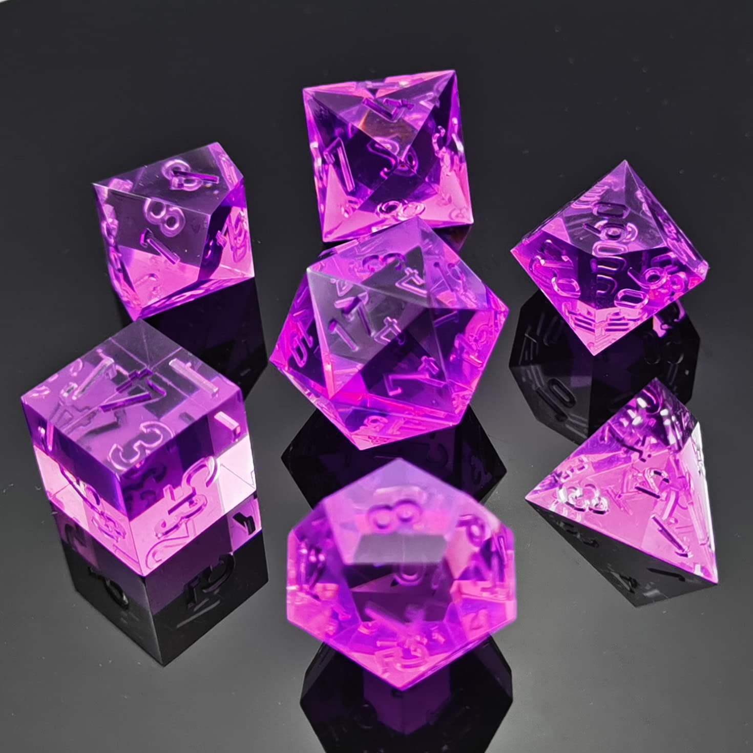 Bescon Crystal Clear (Unpainted) Sharp Edge DND Dice Set of 7, Razor Edged Polyhedral D&D Dice Set for Dungeons and Dragons Role Playing Games, Amethyst Color