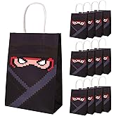 12pcs Ninja Birthday Gift Bags, Pixel Masked Ninja Theme Party Favor Bags with Handles Kraft Paper Goodie Bag Candy Treats Snacks Cookie Package Decorations for Kids Birthday Party Supplies