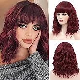 JOLNVCA Red Short Curly Wavy Bob Wigs with Bangs Halloween Cosplay Costume Wigs for Women Girls Shoulder Length Wigs Heat Resistant Synthetic Hair Daily Party Wig 14 Inch