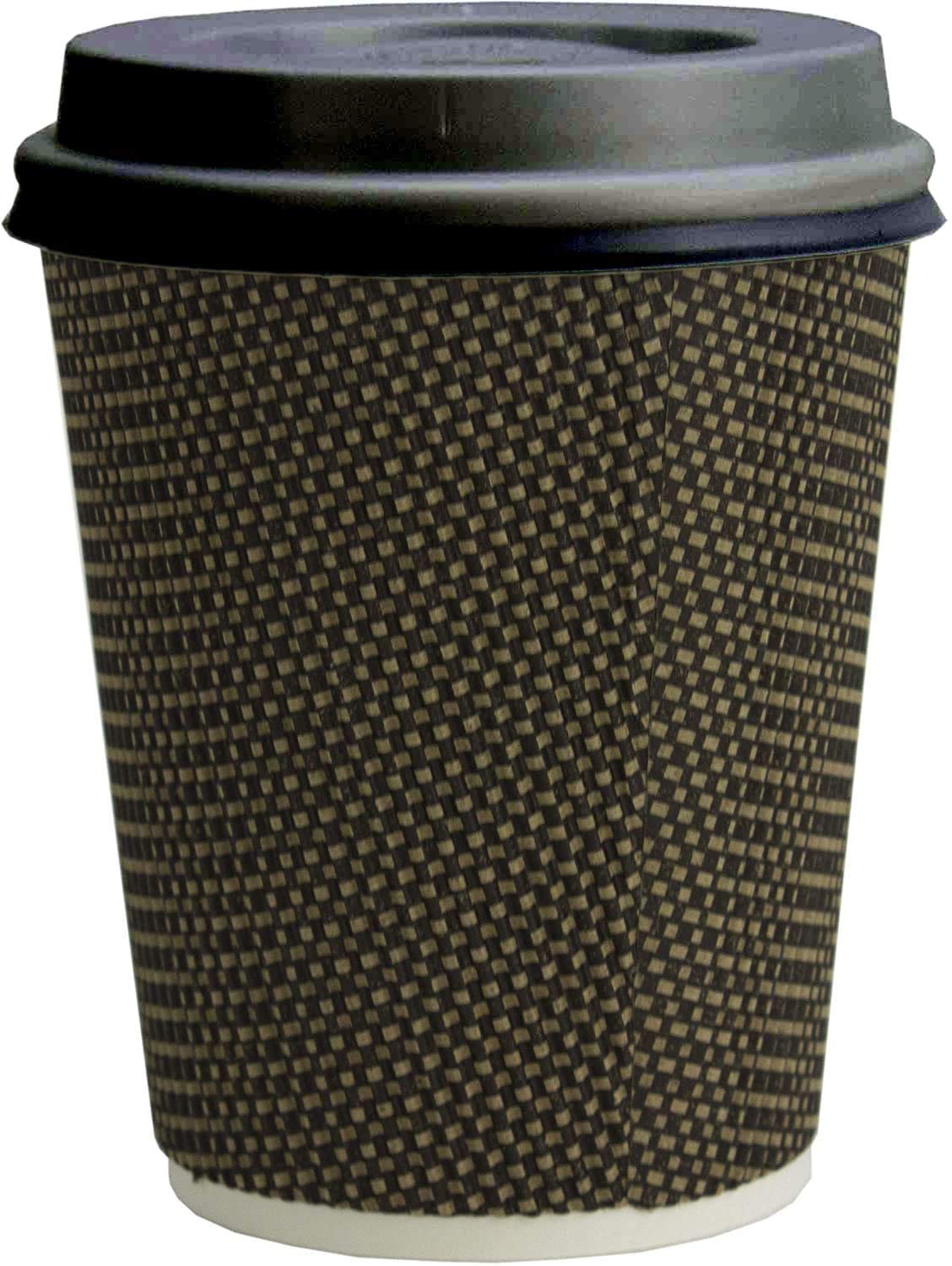 Signature Packaging – Luxury Ripple Insulated Paper Cups with Lids, Disposable for Coffee, Hot Beverages, Leak-Proof for Cafes, and Catering - 12oz Pack of 25 (Black + Gold) Cups with 25 Black Lids