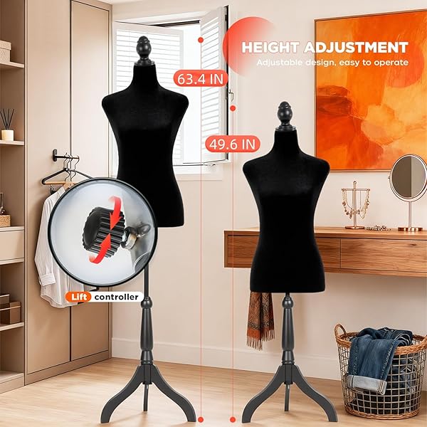 MANNEQUIN BODY DRESS FORM TORSO FEMALE MANIKIN 49.6-63.4 INCH HEIGHT ADJUSTABLE WOODEN TRIPOD STAND HIGH DENSITY FOAM PORTABLE DISPLAY MANNEQUIN (BLACK)