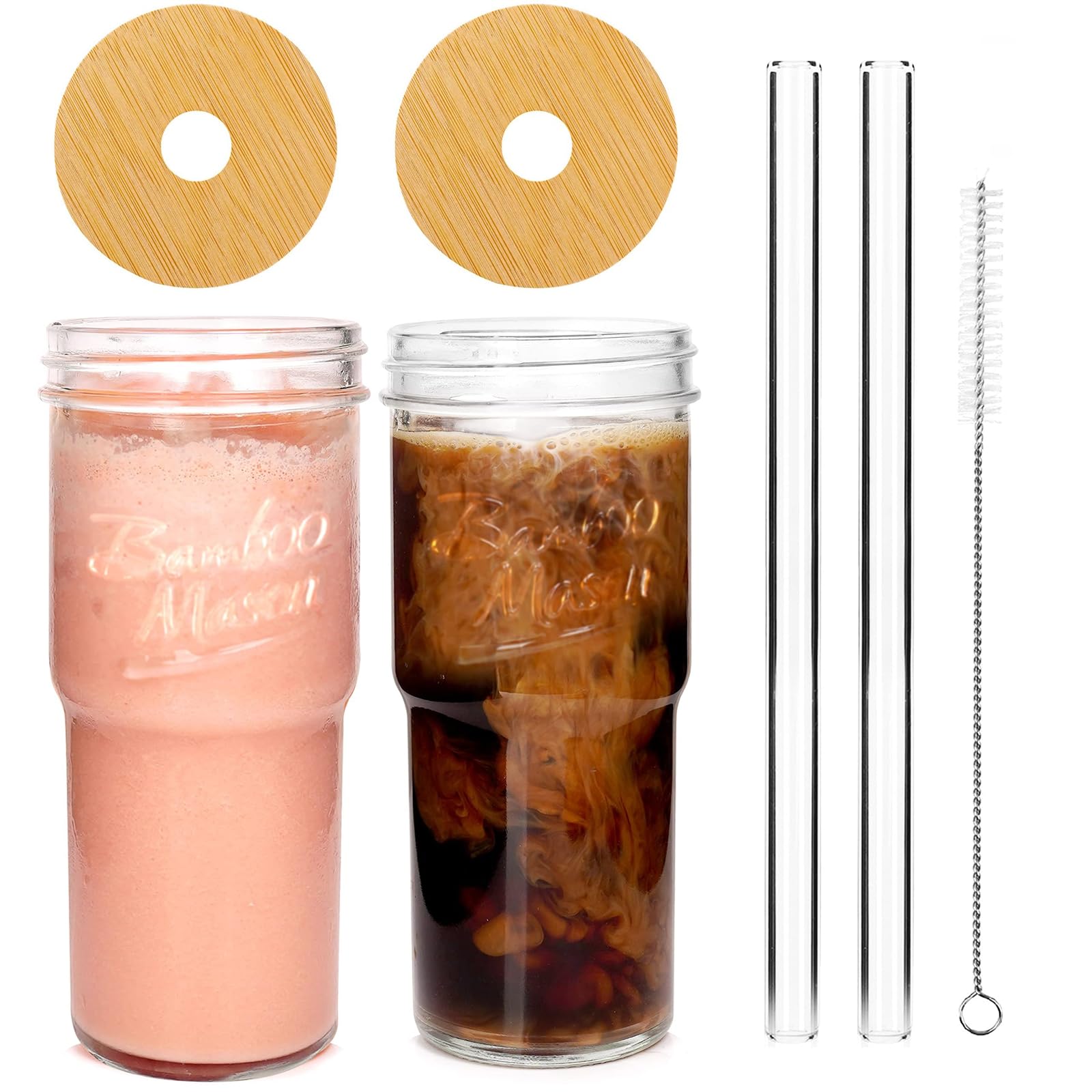 Photo 1 of ANOTION Glass Cups with Lids and Straws 2 Packs, 24oz Travel Coffee Mug Wide Mouth Bamboo Mason Jar Iced Coffee Cup Smoothie Cup Glass Tumbler Tea Cup Clear Cute Water Cups Drinking Jars Glasses