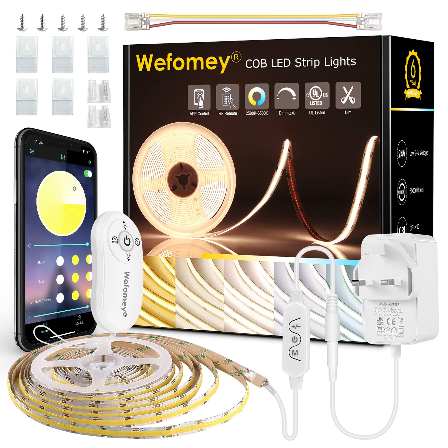 5M COB LED Strip Light, Warm to Cool White LED Tape Light with Remote App Control, 3200 LEDs Super Bright Stick on LED Light for Kitchen, Bedroom, DIY Indoor Lighting (2700K to 6500K Adjustable) — image 1