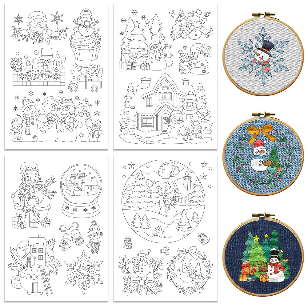 peacoblue Water Soluble Embroidery Patterns for Beginners 4 Sheets Christmas Snowman with 16pcs Patterns, Wash Away Stick and Stitch Dissolvable Embroidery Paper for Hand Sewing Lovers Women Adult