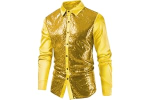 GENMEN Mens Metallic Dress Shirt Long Sleeve 70s Disco Rave Outfits Shiny Sequins Nightclub Costume Button up Shirt