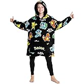 Pokemon Pikachu Blanket Hoodie for Kids Teens Fleece Wearable Blanket Charizard Bulbasaur Squirtle Cozy Hooded Blanket Loungewear Anime Gifts (Black Aop)